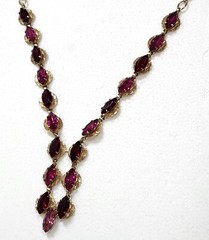 Red Pink Marquise Shape Rhinestone Gold Tone Necklace Negligee Lariat Vtg