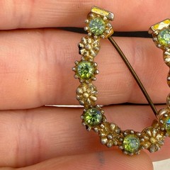 Vintage Rhinestone Horseshoe Brooch Gold Tone AB Green Sparkle