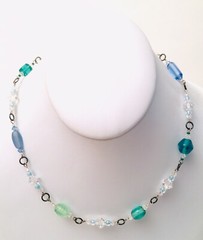 Stunning Sterling Silver Blue Green Art Glass Rock Crystal Necklace 18” 925/1000