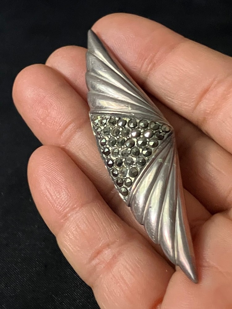 Vintage Marcasite Brooch Geometric Art Deco Revival 925 Sterling Silver 10.5g