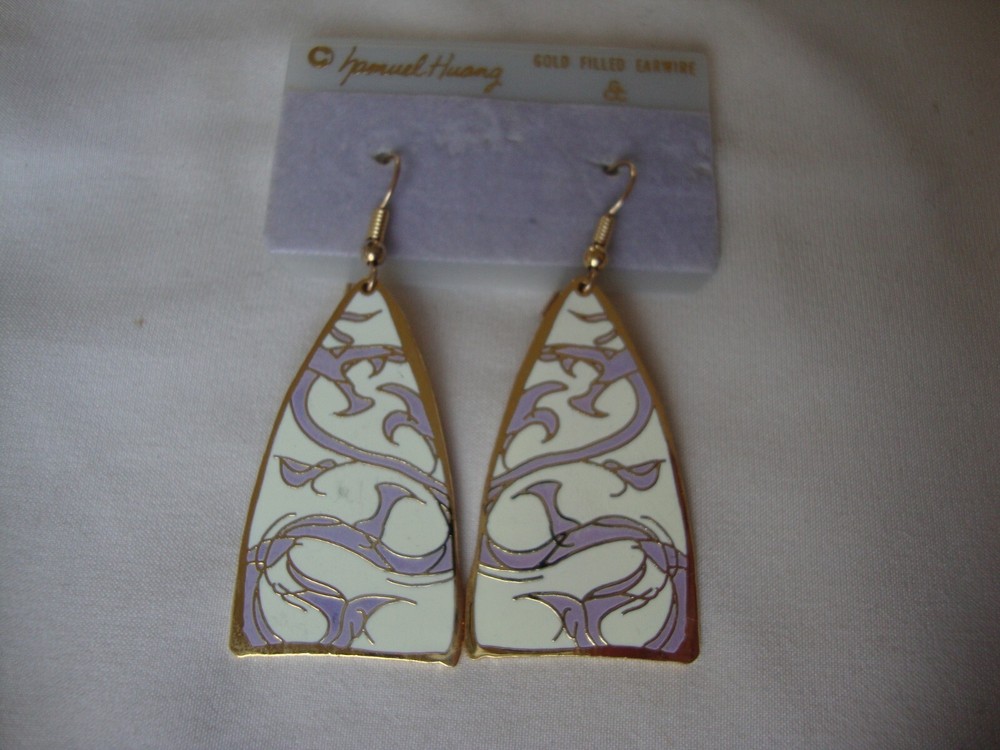 VINTAGE SAMUEL HUANG DESIGNER CLOISONNE RETRO ABSTRACT GRAY & CREAM EARRINGS