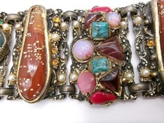 Attributed to Selro Selini Confetti Lucite Panel Bracelet w/Rhinestones, Pearls