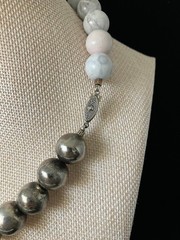 Vintage Polished Stone Necklace Pastel Blue Silver Tone Beaded