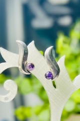 Vintage Mexico Sterling Modernist Amethyst Cabochon Screw Back Earrings