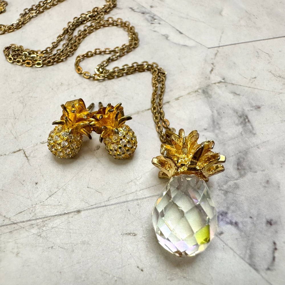Vintage Pineapple Necklace & Earrings Gold Tone & 925 Rhinestones Crystal Beach
