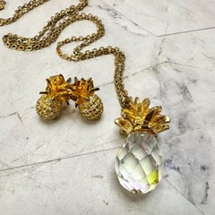 Vintage Pineapple Necklace & Earrings Gold Tone & 925 Rhinestones Crystal Beach