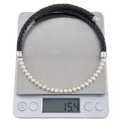 Vintage Sterling Silver 925 Black Braided Leather Pearl Necklace 16.5″