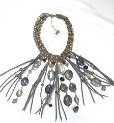 Vtg Erica Lyons Choker Necklace Thick Gold Chain Lg Leather Stone Drops Festival