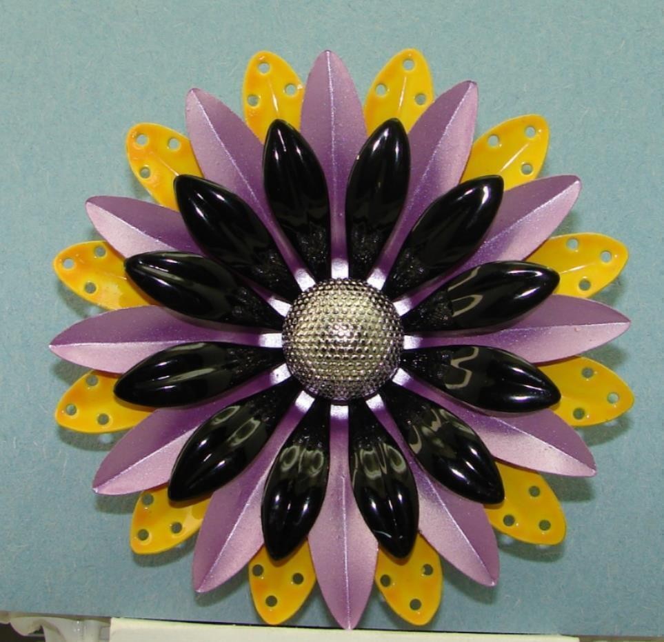 Vintage Lavender Black & Yellow Pierced Daisy W Silver Button Flower Brooch