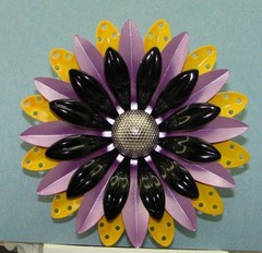 Vintage Lavender Black & Yellow Pierced Daisy W Silver Button Flower Brooch