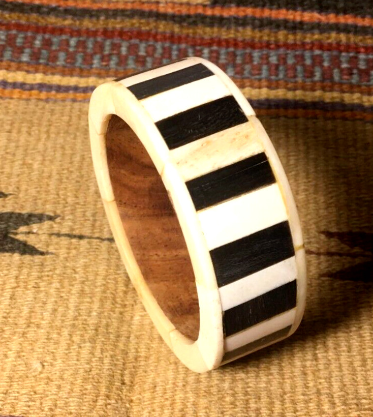 Vintage Horn & Bone Bangle Bracelet Brown Creme Colored Made In India
