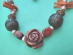 Vintage Lucite ROSE, AMBER STONE, Pink Cat’s Eye Beaded Necklace W/ Ribbon Tie
