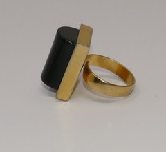Lanvin Paris Gold Tone and Black Geometric Adjustable Cocktail Ring Size 8 RARE