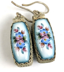 Vtg Russian Rostov Finift Porcelain Enamel Drop Dangle Earrings Double Sided
