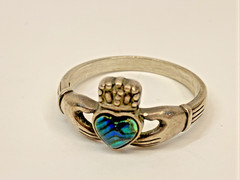 Vintage Wheeler Sterling Silver Abalone Claddagh Hearts in Hands Ring Size 9.75