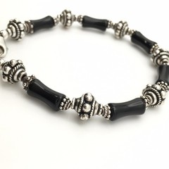 Silver Schark Handmade Sterling Silver & Black Onyx Beaded Bracelet 8” 20g #57