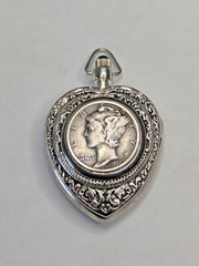 Vintag Victorian Lindenwold Silver Heart Shape Pendant Watch W 1937 Mercury Dime