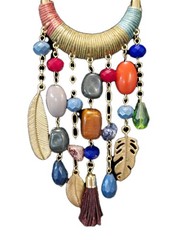 VTG 18″ Boho Necklace Statement Tribal Design Multicolor Beads Feather Tassel