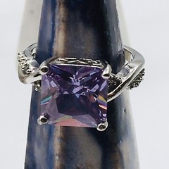 Silver Tone Purple Rhinestone Cocktail Ring Sz 9.75