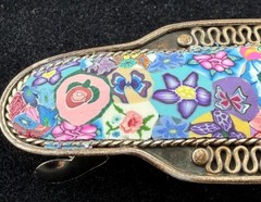 Vintage Sterling Silver Barrette with Polymer Clay Millefiori & Moonstone