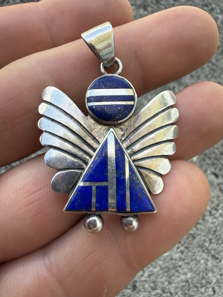 VINTAGE STERLING SILVER & LAPIS LAZULI Angel PENDANT 925 SOUTHWESTERN STYLE