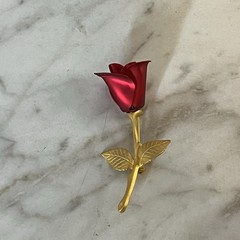 Vintage Rose Brooch Matte Gold Tone Stem Shiny Deep Red Rose 2.25in Pin