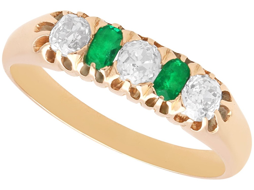 0.30Ct Emerald and 0.60Ct Diamond 14k Yellow Gold Five Stone Ring Circa 1925