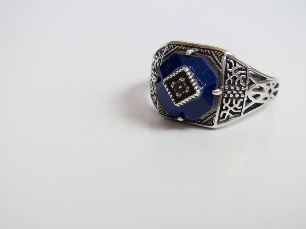 Antique Carved LAPIS LAZULI & Sterling Silver RING Size 9.5, 13mm Wide Filigree