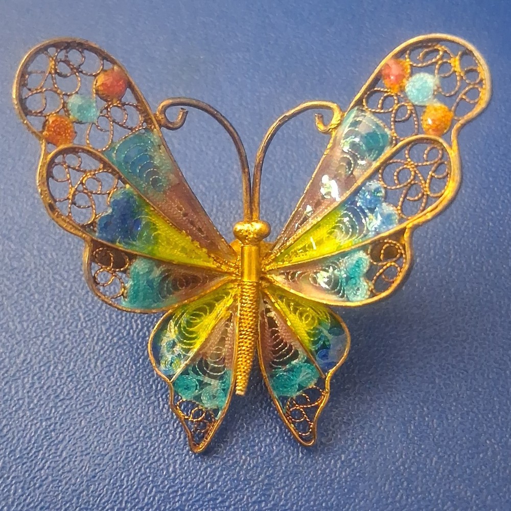 Vintage 800 Sterling Silver Filigree Enamel Butterfly Pin/ Brooch