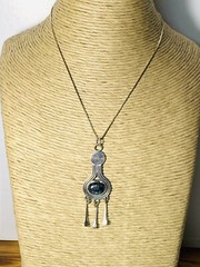 Vtg N/A? Tribal Obsidian Cab Dangle Paddle Pendant Sterling Silver Necklace-16″