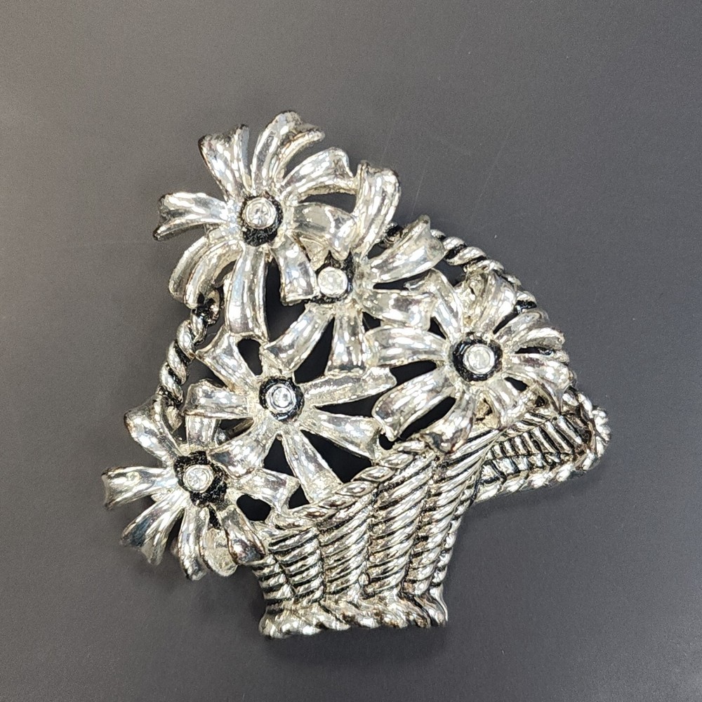 Vintage Silver-tone Flower Basket Brooch