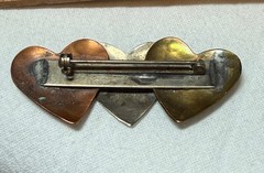 triple heart brooch three color copper brass and silver tone brooch
