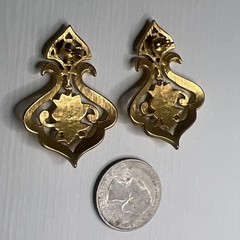 Vintage Ornate Openwork Stud Earrings Brushed Gold Tone & Red Enamel 1 3/4″