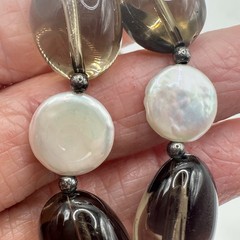 Vintage Chunky Smoky Quartz & Coin Pearl Necklace Sterling Silver Donna Dressler