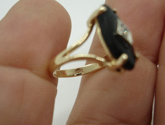 vintage 10K yellow Gold RING marquise black Onyx w DIAMOND accent band 2.4g 4.25