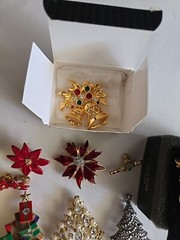 Vtg Christmas Brooch Pin Lot Holiday Avon Trees Bells Necklace Lot