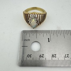 Vintage circa 1970s 14k Yellow Gold Marquise Opal Ring with Diamond Halo