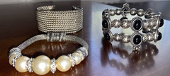Vintage Faux Pearl Black & Silver Tone Stretch Cuff Beaded Bracelets Lot of 3