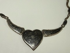900 Silver Niello Heart Collar 18” Necklace Ornate Inlay Double Strand