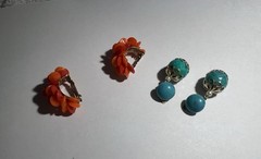 Vintage Lot Of 2 1960s Clip On Earrings Hong Kong Orange Petal Turquoise Dangle