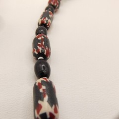 Vintage Barrel Bead Necklace Red Black White Abstract Tribal 22″ Matinee Length