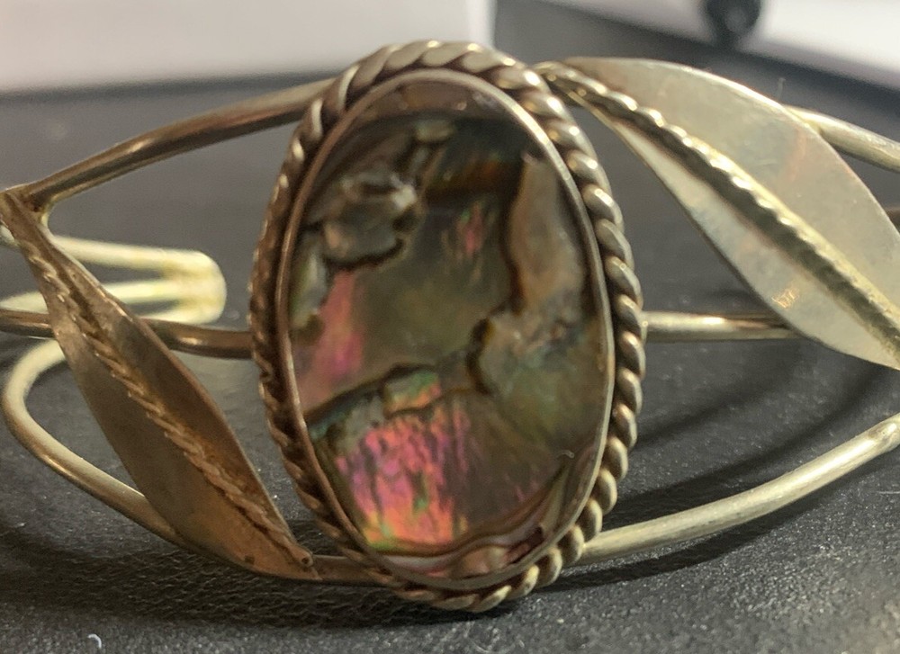 Vintage Cuff Bracelet Shell Gem Modernist Mexico Solid Silver Art Deco Handmade