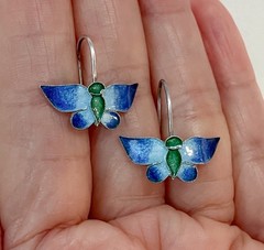 Sweet Butterfly Earrings Drop Blue Green Enamel Sterling Silver Hook Estate Vtg
