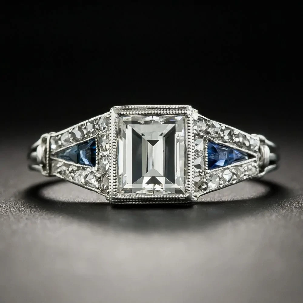 Art Deco Style Emerald Cut Lab Created Diamond Sapphire 14K White Gold FN Ring