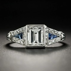 Art Deco Style Emerald Cut Lab Created Diamond Sapphire 14K White Gold FN Ring