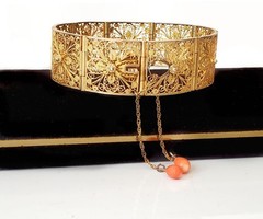 Antique Italian Gilt Silver Filigree Panel Bracelet, Natural Salmon Coral Drops