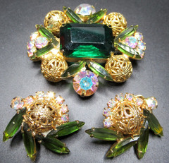 JULIANA BOOK PIECE! Green Rhinestone Golden Filigree Ball Brooch Earring Set