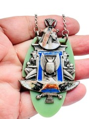 Antique French Egyptian Revival Winged Scarab Galalith Enamel Pendant Necklace