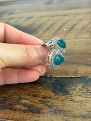 Marcasite Sterlling Silver Chunky Double Green Stone Ring Size 8