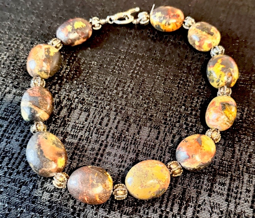 Chunky Jasper Bead Necklace Natural Oval Stones with Silver Tone Spacers 18”